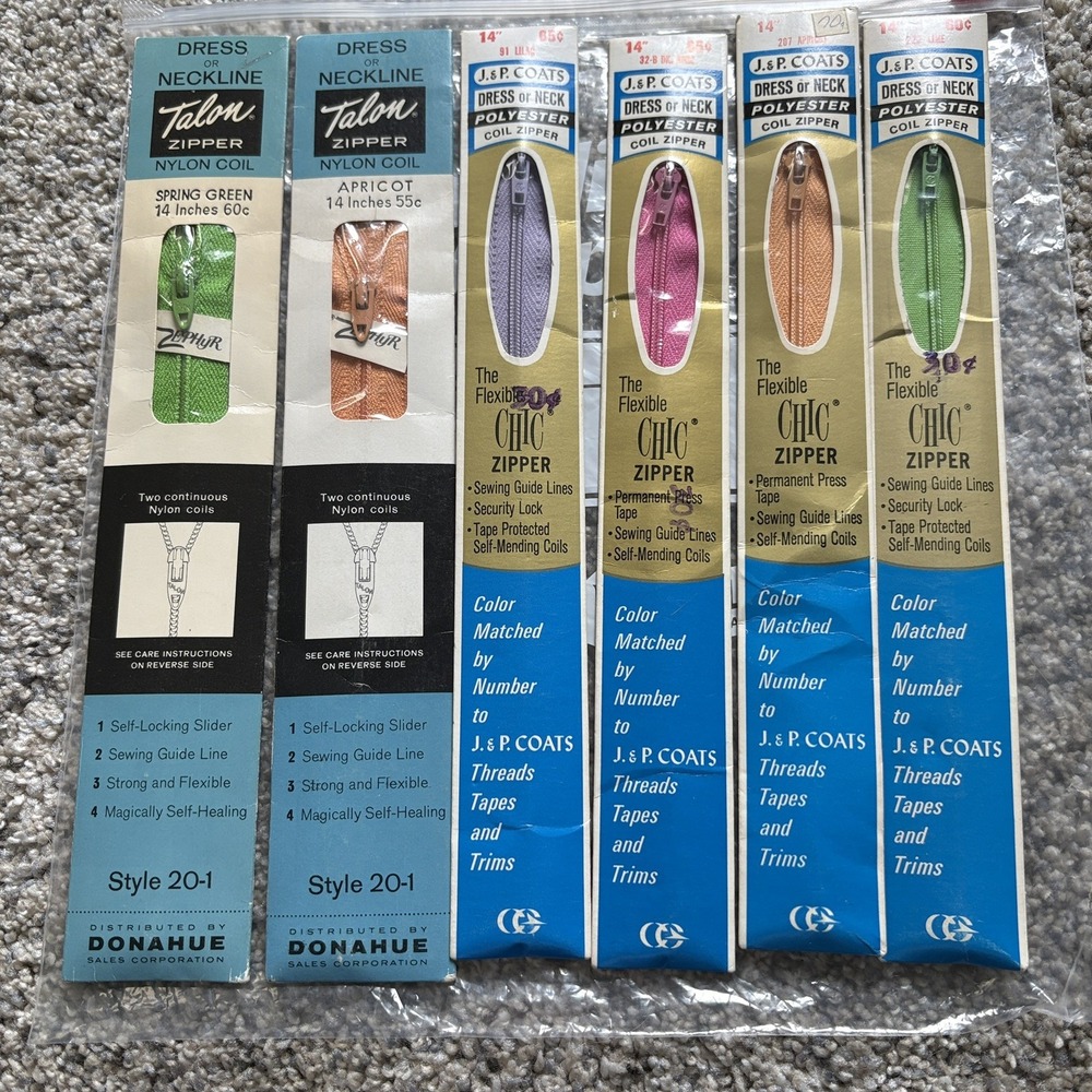 (7) J.P. Coats/flex-knit nylon zippers 6" & 7" assorted colors USA New In Pkg